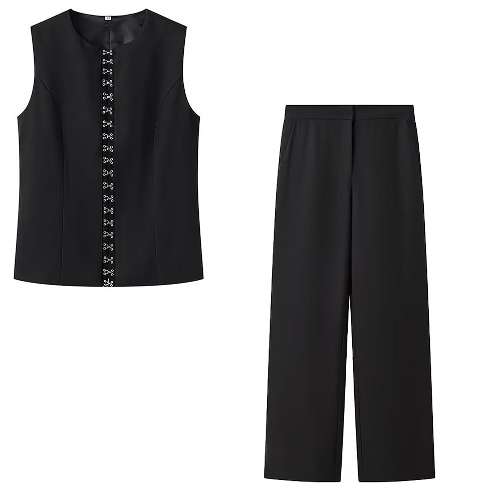 Black Sleeveless Vest and Wide-Leg Pants Two-Piece Office Wear Set for Women-Vyana Collective