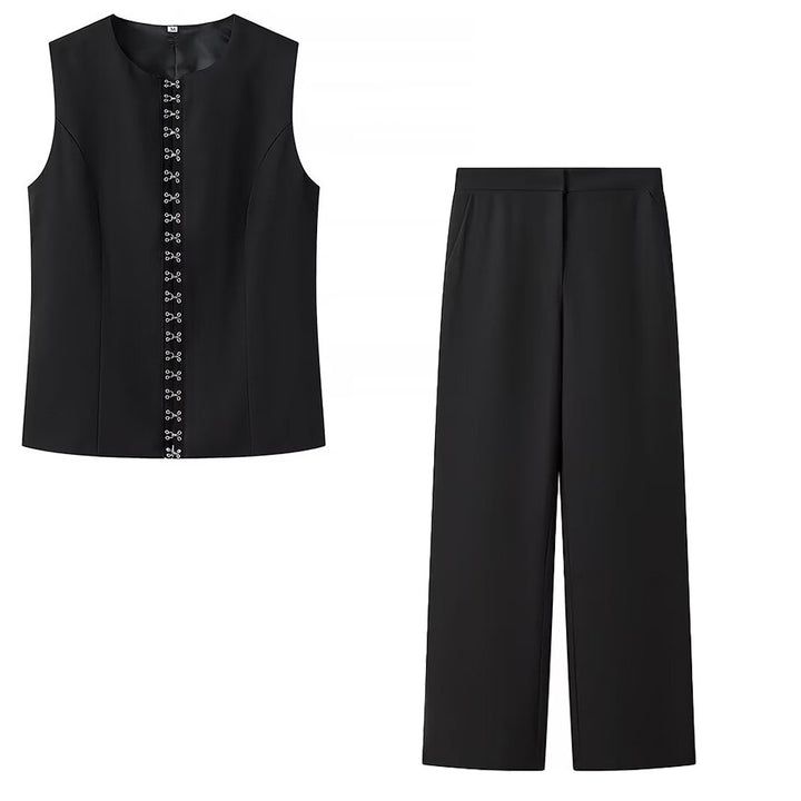 Black Sleeveless Vest and Wide-Leg Pants Two-Piece Office Wear Set for Women-Vyana Collective