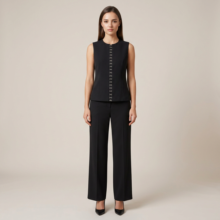 Black Sleeveless Vest and Wide-Leg Pants Two-Piece Office Wear Set for Women-Vyana Collective