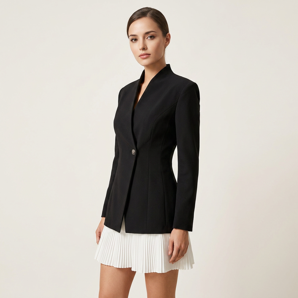 Black Stand Collar Blazer Dress with Pleated Hem for Meetings Ready and Modern Elegance Women-Vyana Collective