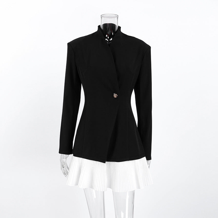 Black Stand Collar Blazer Dress with Pleated Hem for Meetings Ready and Modern Elegance Women-Vyana Collective