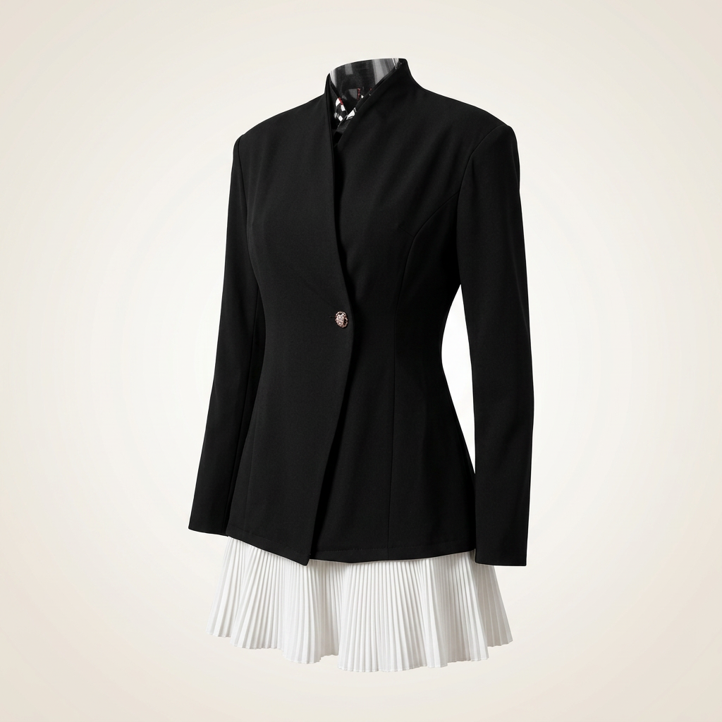 Black Stand Collar Blazer Dress with Pleated Hem for Meetings Ready and Modern Elegance Women-Vyana Collective