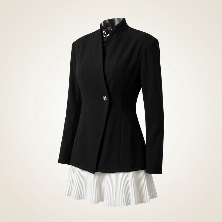 Black Stand Collar Blazer Dress with Pleated Hem for Meetings Ready and Modern Elegance Women-Vyana Collective