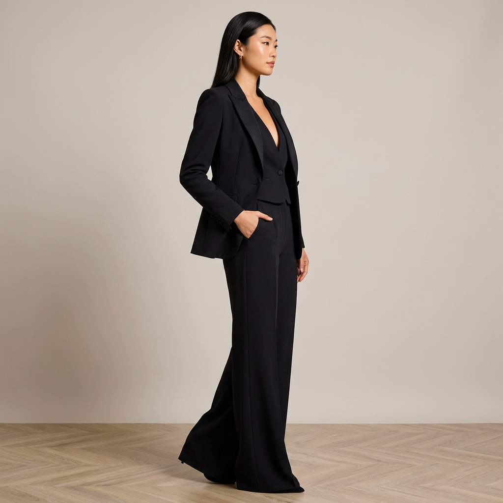 Black Three Piece Suit Set with Vest and Wide Leg Pants for Meetings Ready and Executive Power Dressing Women-Vyana Collective