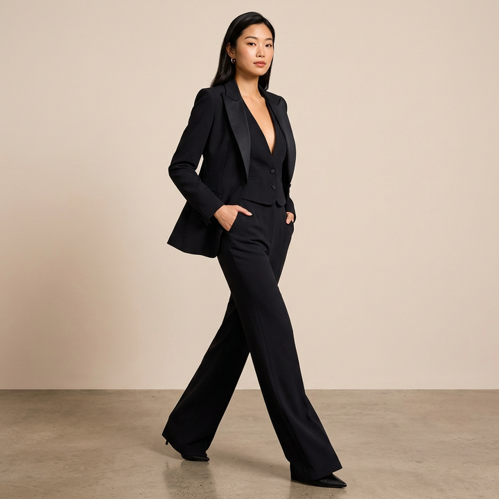 Black Three Piece Suit Set with Vest and Wide Leg Pants for Meetings Ready and Executive Power Dressing Women-Vyana Collective