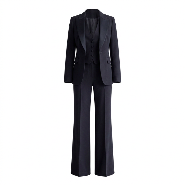 Black Three Piece Suit Set with Vest and Wide Leg Pants for Meetings Ready and Executive Power Dressing Women-Vyana Collective