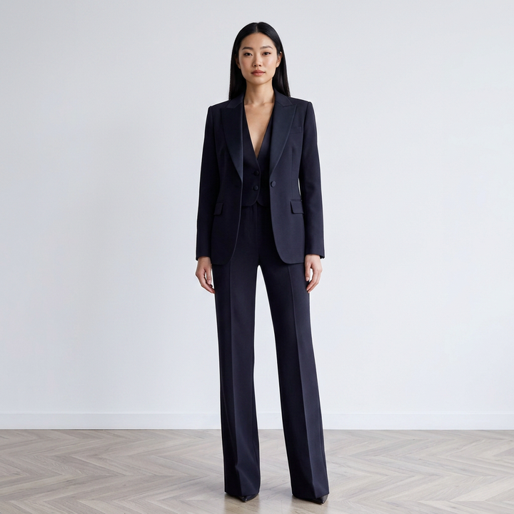 Black Three Piece Suit Set with Vest and Wide Leg Pants for Meetings Ready and Executive Power Dressing Women-Vyana Collective