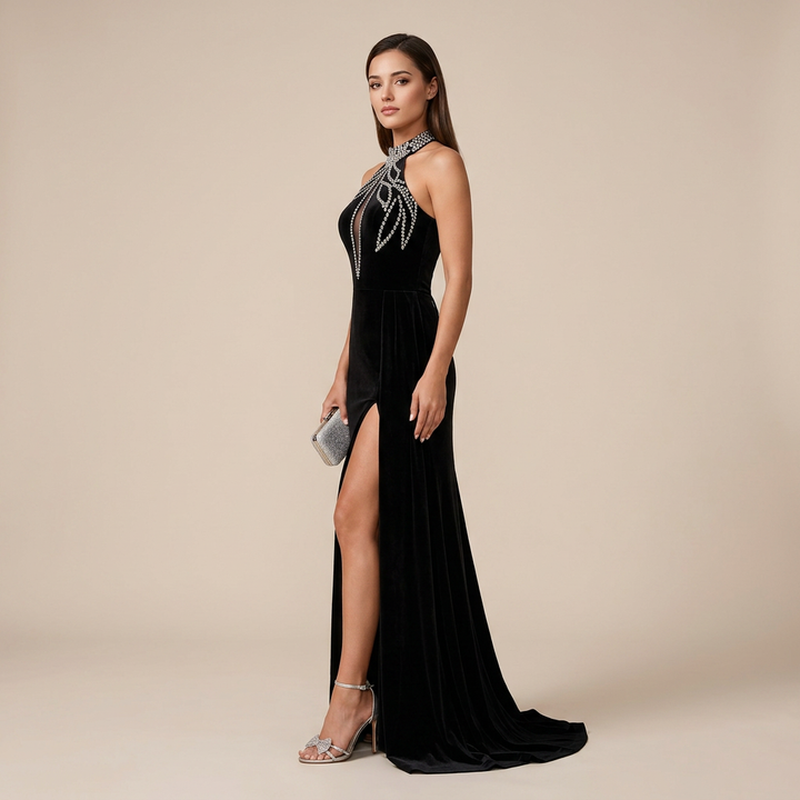 Black Velvet Beaded Halter-Neck Mermaid Evening Gown-Vyana Collective