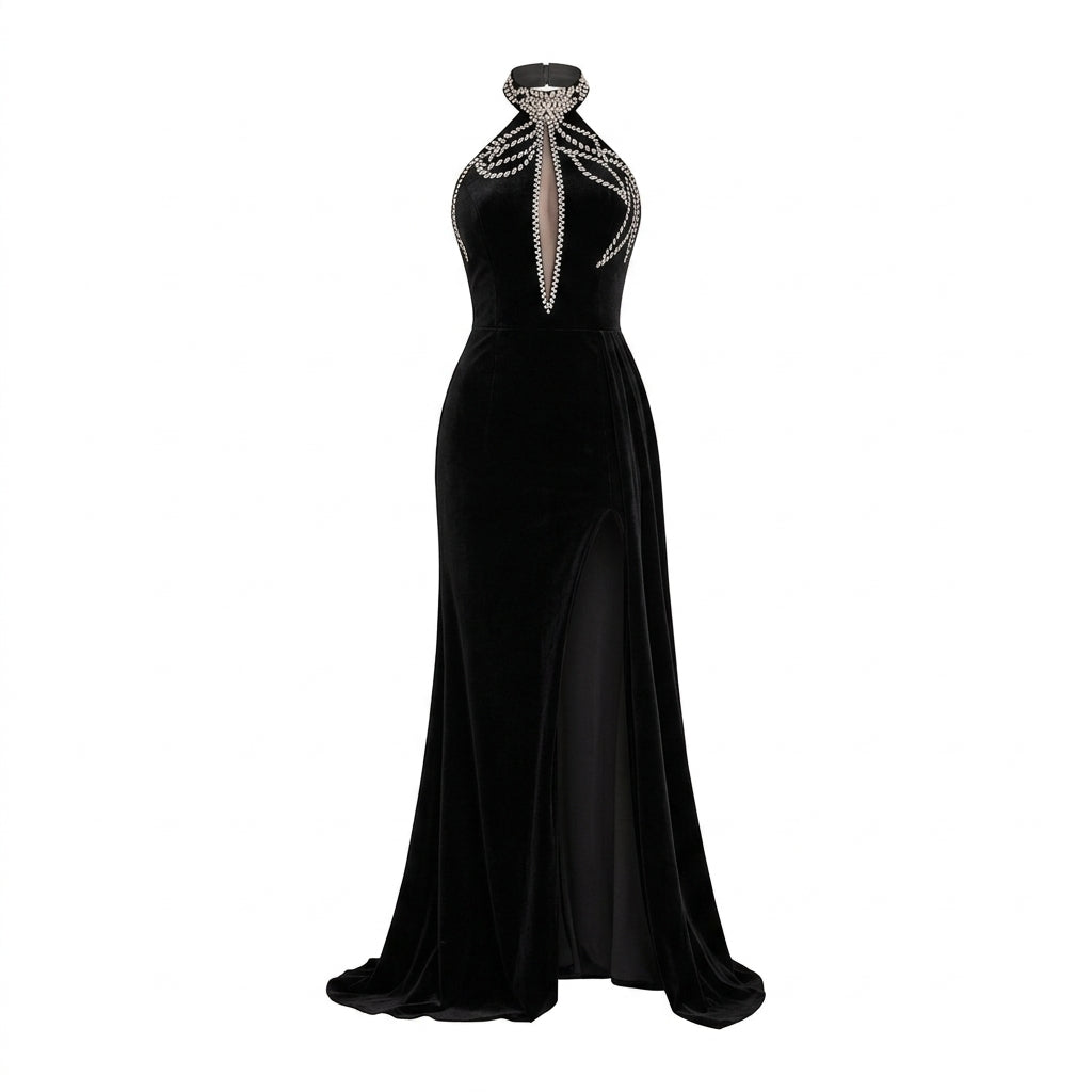 Black Velvet Beaded Halter-Neck Mermaid Evening Gown-Vyana Collective