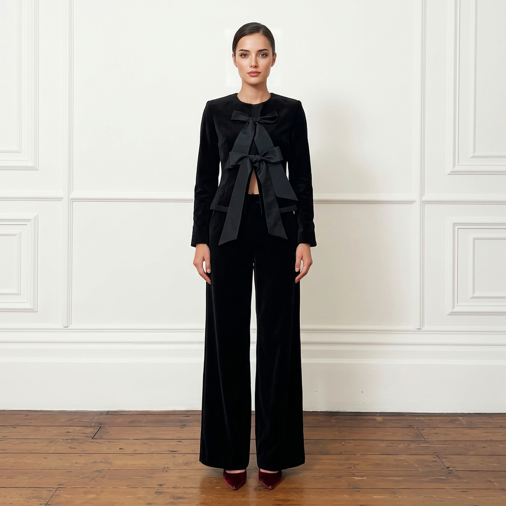 Black Velvet Bow Jacket and Wide Leg Pants Suit-Vyana Collective