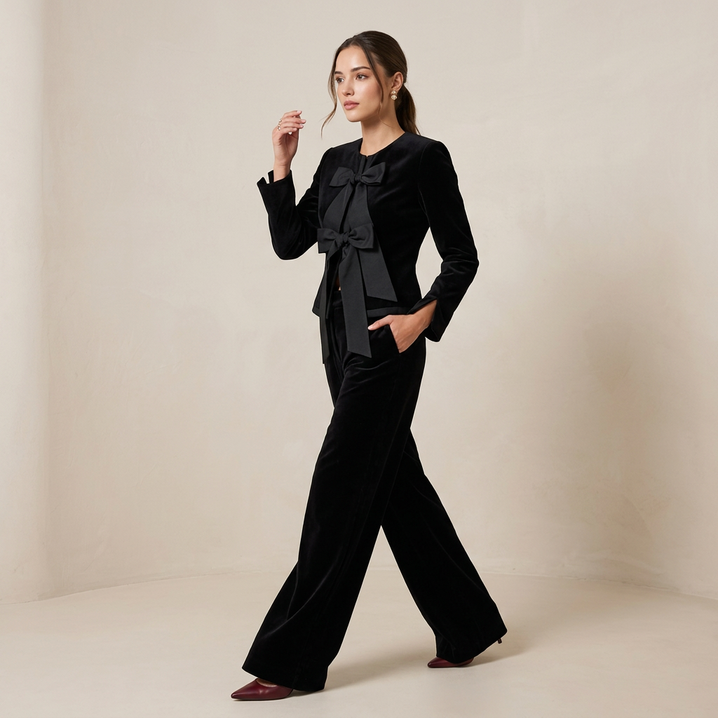 Black Velvet Bow Jacket and Wide Leg Pants Suit-Vyana Collective