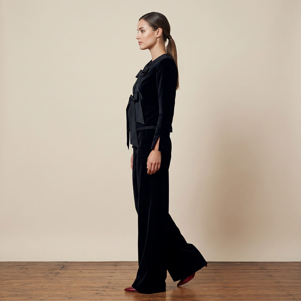 Black Velvet Bow Jacket and Wide Leg Pants Suit-Vyana Collective