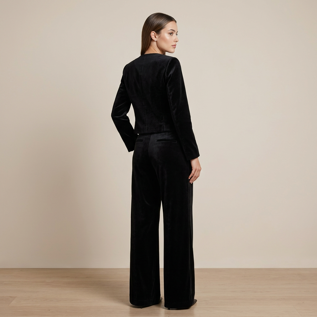 Black Velvet Bow Jacket and Wide Leg Pants Suit-Vyana Collective