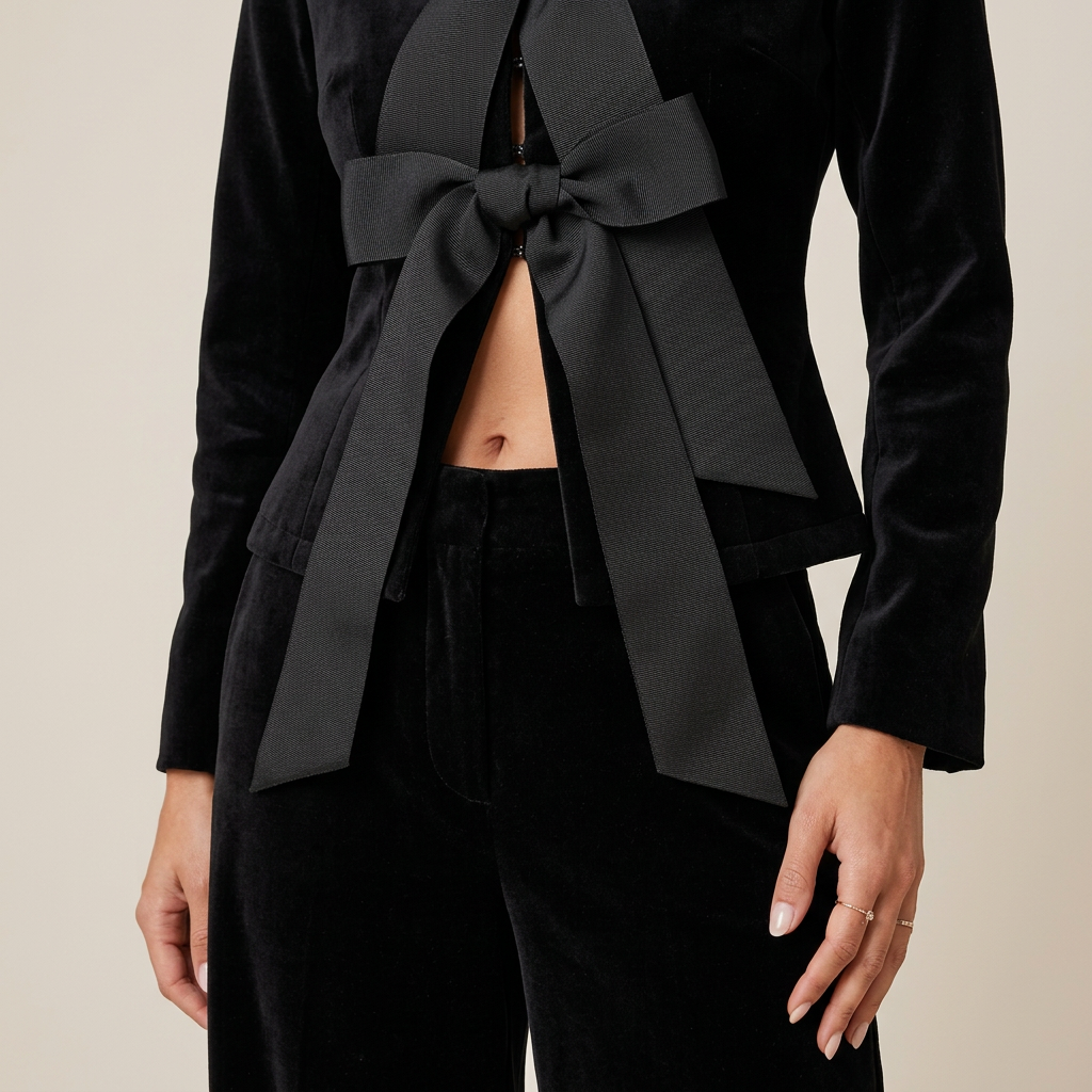 Black Velvet Bow Jacket and Wide Leg Pants Suit-Vyana Collective