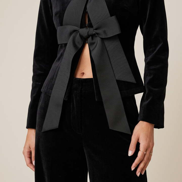 Black Velvet Bow Jacket and Wide Leg Pants Suit-Vyana Collective