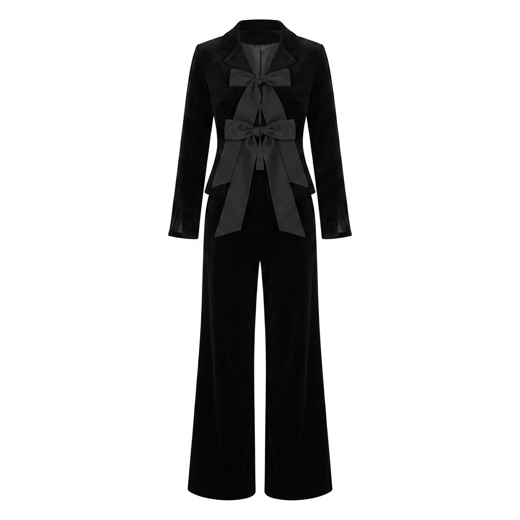 Black Velvet Bow Jacket and Wide Leg Pants Suit-Vyana Collective