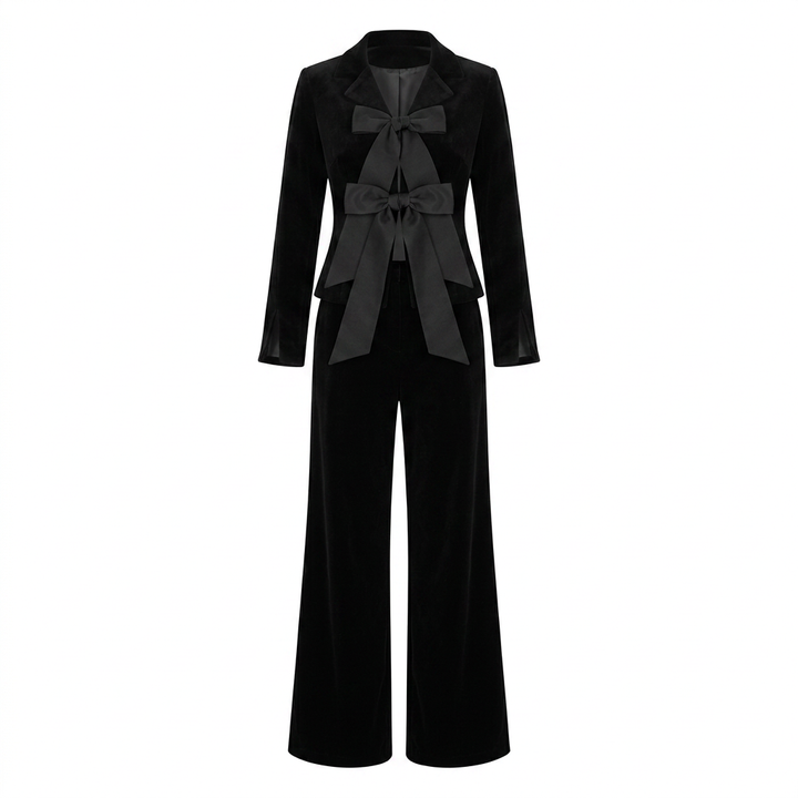 Black Velvet Bow Jacket and Wide Leg Pants Suit-Vyana Collective