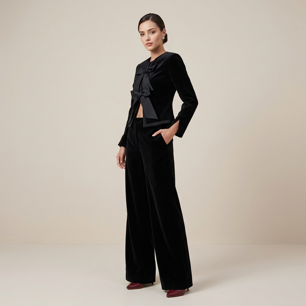 Black Velvet Bow Jacket and Wide Leg Pants Suit-Vyana Collective