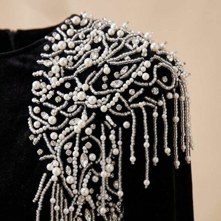 Black Velvet Fringe-Beaded Shoulder Mermaid Evening Gown-Vyana Collective