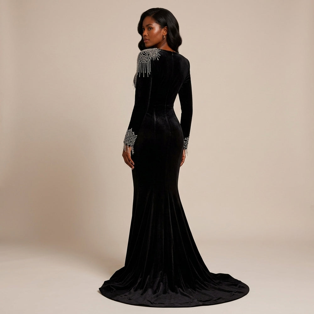 Black Velvet Fringe-Beaded Shoulder Mermaid Evening Gown-Vyana Collective