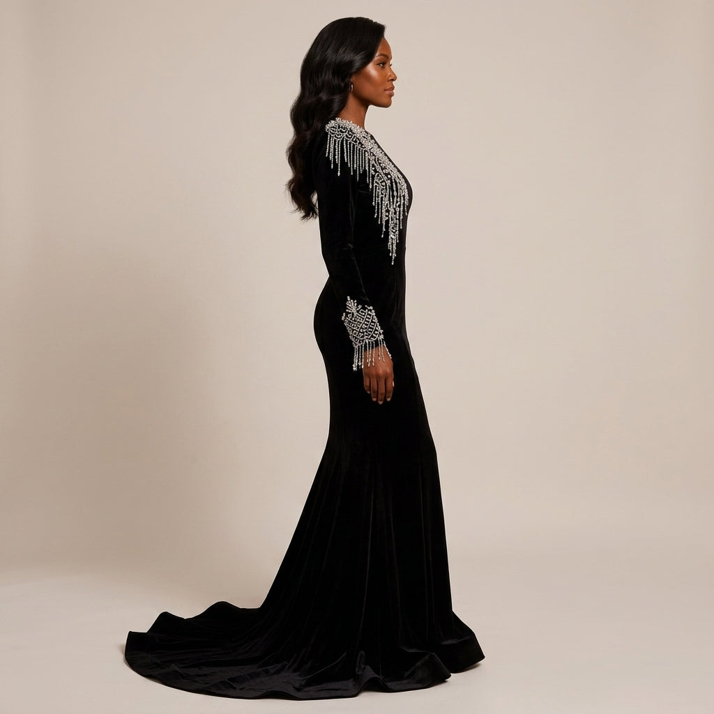 Black Velvet Fringe-Beaded Shoulder Mermaid Evening Gown-Vyana Collective