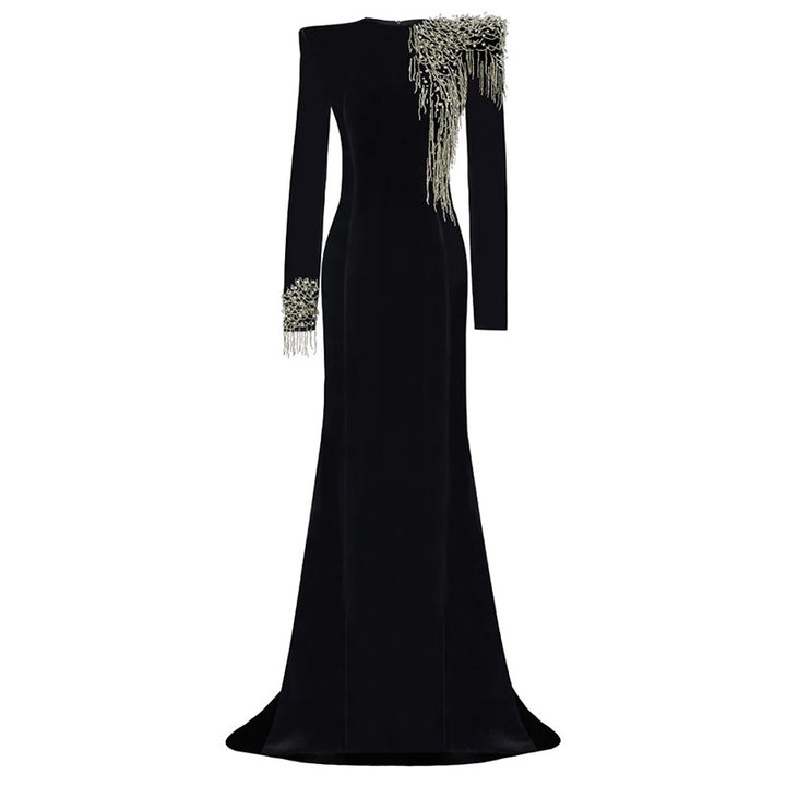 Black Velvet Fringe-Beaded Shoulder Mermaid Evening Gown-Vyana Collective