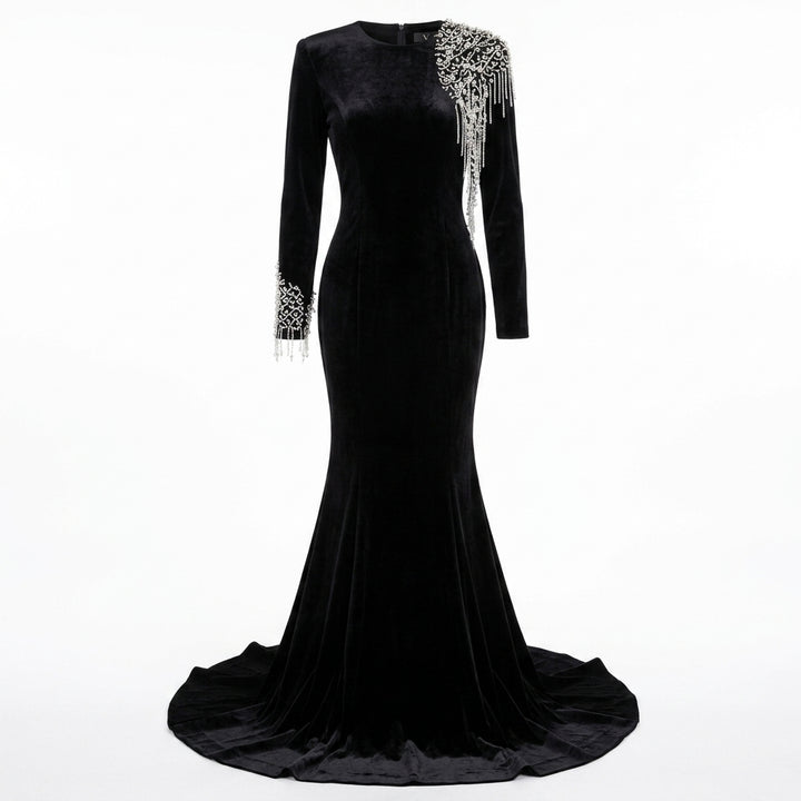Black Velvet Fringe-Beaded Shoulder Mermaid Evening Gown-Vyana Collective