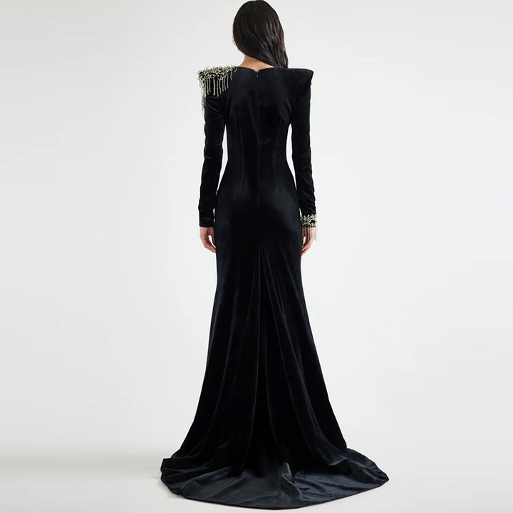 Black Velvet Fringe-Beaded Shoulder Mermaid Evening Gown-Vyana Collective