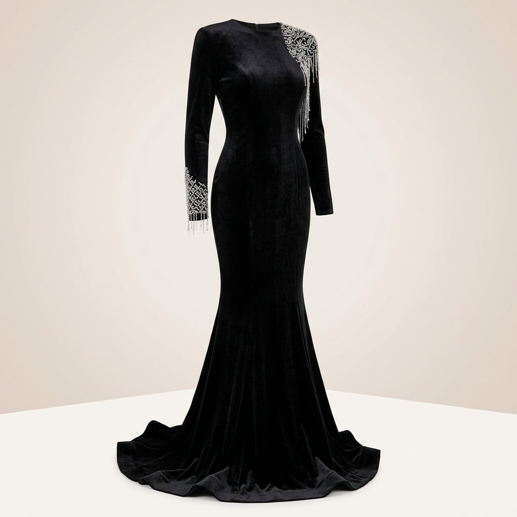 Black Velvet Fringe-Beaded Shoulder Mermaid Evening Gown-Vyana Collective
