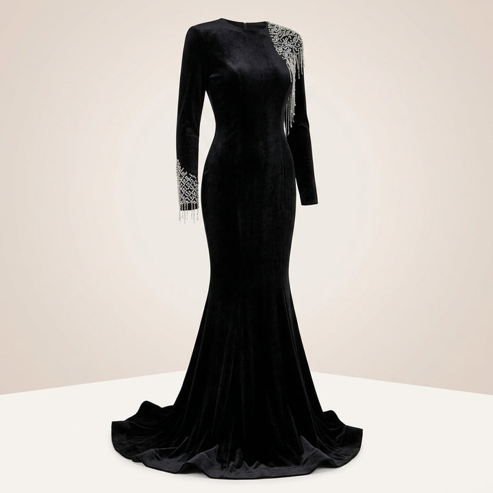 Black Velvet Fringe-Beaded Shoulder Mermaid Evening Gown-Vyana Collective
