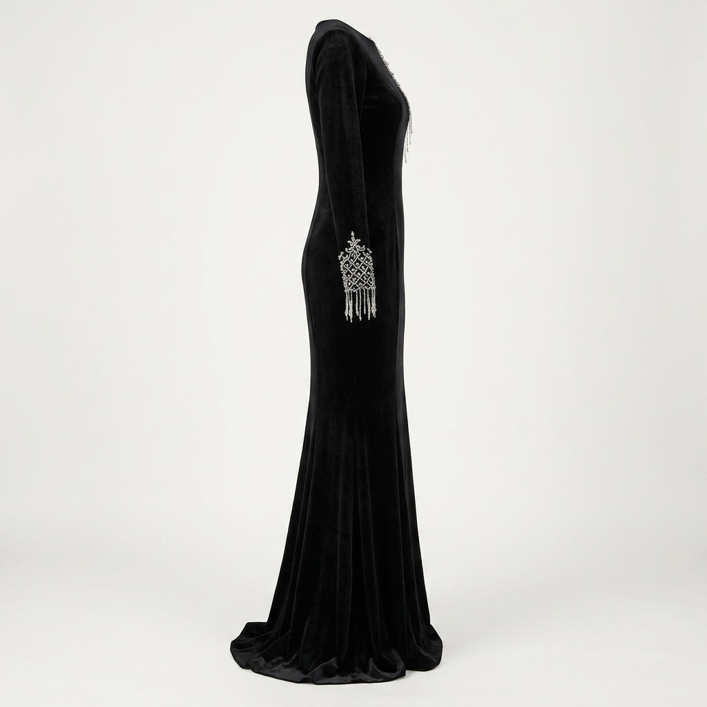Black Velvet Fringe-Beaded Shoulder Mermaid Evening Gown-Vyana Collective