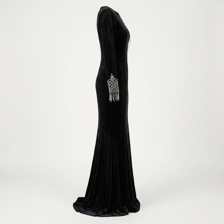 Black Velvet Fringe-Beaded Shoulder Mermaid Evening Gown-Vyana Collective