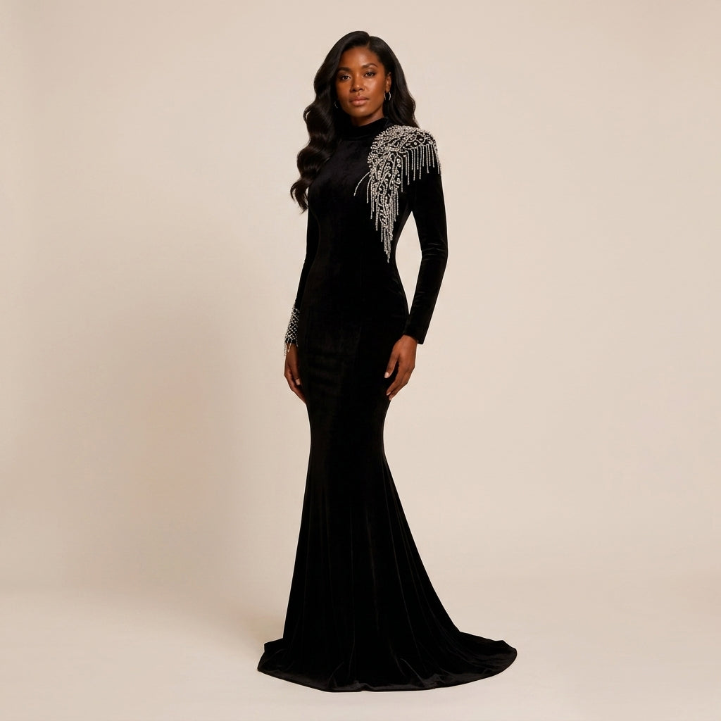 Black Velvet Fringe-Beaded Shoulder Mermaid Evening Gown-Vyana Collective