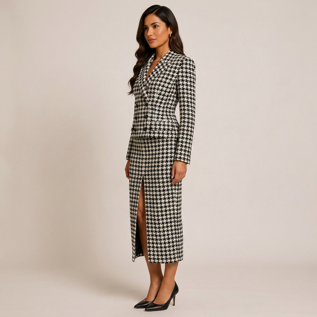 Black &amp; White Houndstooth Peplum Blazer &amp; Pencil Skirt Suit Set-Vyana Collective