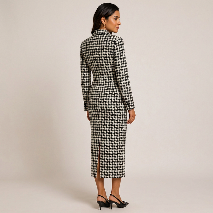 Black &amp; White Houndstooth Peplum Blazer &amp; Pencil Skirt Suit Set-Vyana Collective
