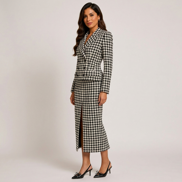 Black &amp; White Houndstooth Peplum Blazer &amp; Pencil Skirt Suit Set-Vyana Collective