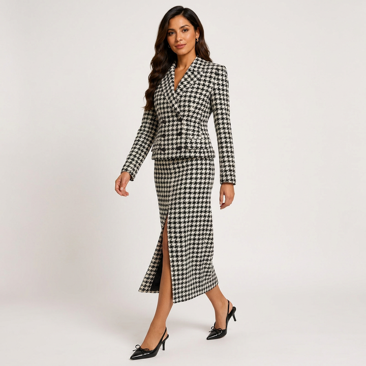 Black &amp; White Houndstooth Peplum Blazer &amp; Pencil Skirt Suit Set-Vyana Collective