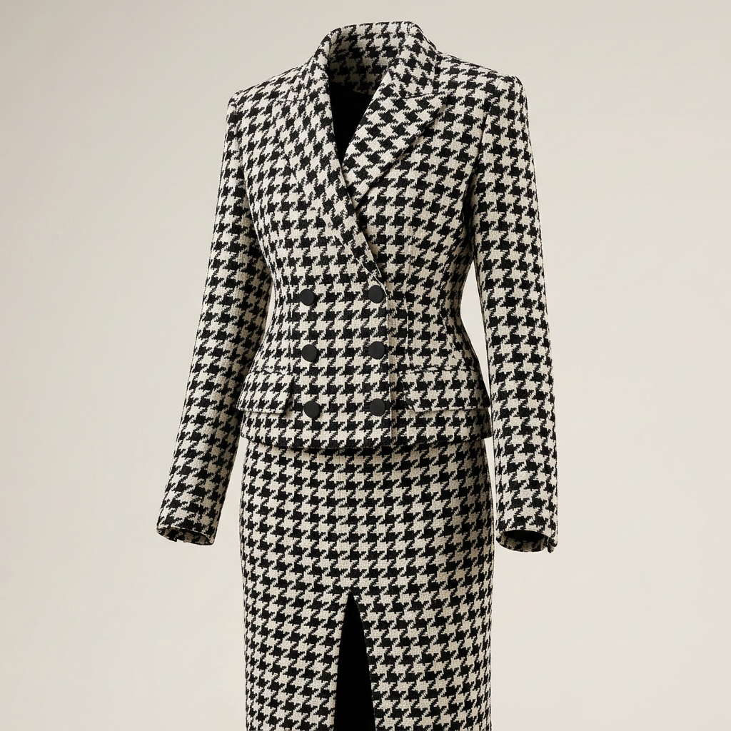 Black &amp; White Houndstooth Peplum Blazer &amp; Pencil Skirt Suit Set-Vyana Collective