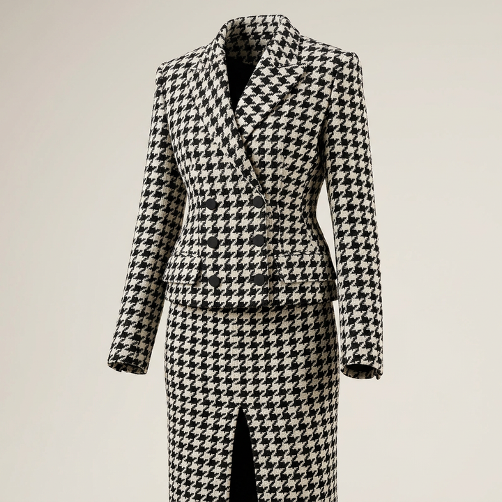 Black &amp; White Houndstooth Peplum Blazer &amp; Pencil Skirt Suit Set-Vyana Collective