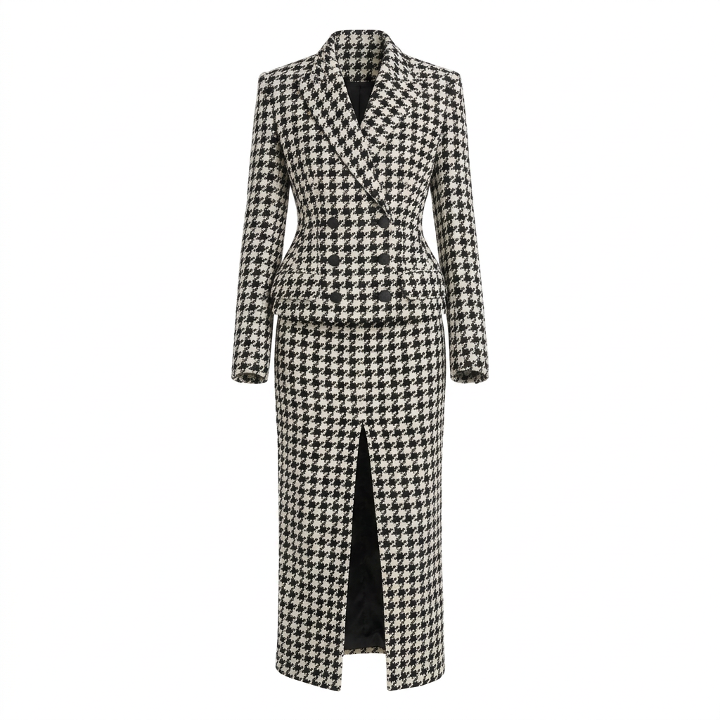 Black &amp; White Houndstooth Peplum Blazer &amp; Pencil Skirt Suit Set-Vyana Collective