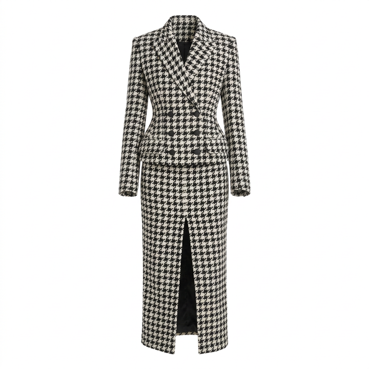 Black &amp; White Houndstooth Peplum Blazer &amp; Pencil Skirt Suit Set-Vyana Collective