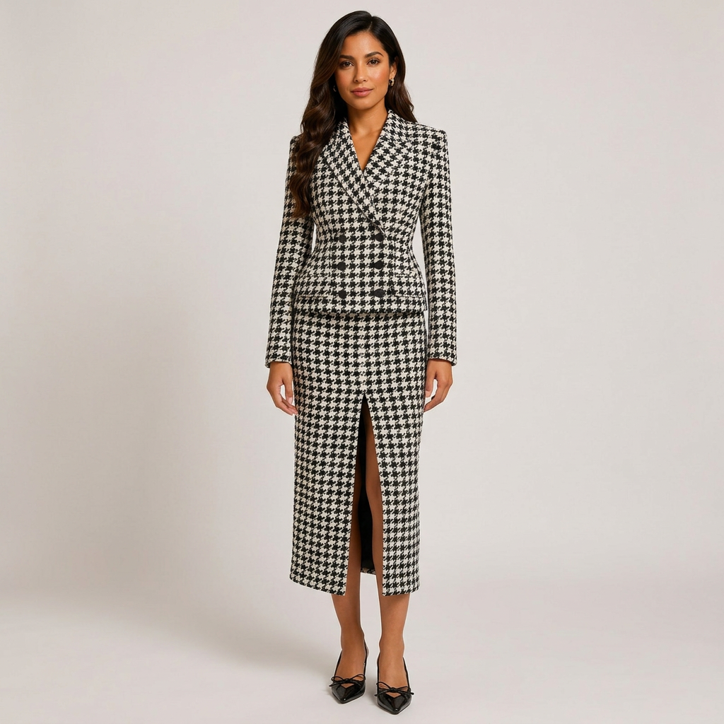 Black &amp; White Houndstooth Peplum Blazer &amp; Pencil Skirt Suit Set-Vyana Collective