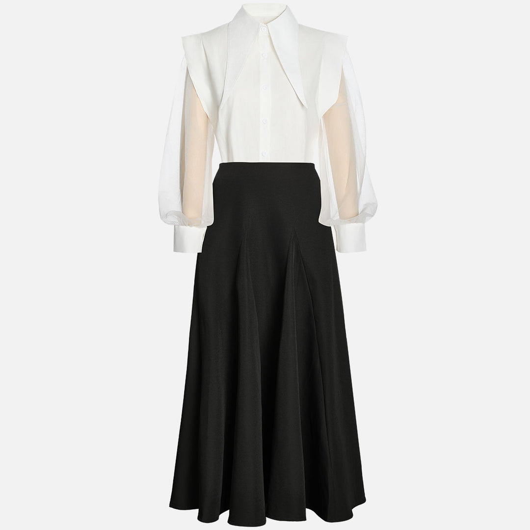 Black & White Oversized Shoulder Shirt & High-Waisted Maxi Skirt Set-Vyana Collective