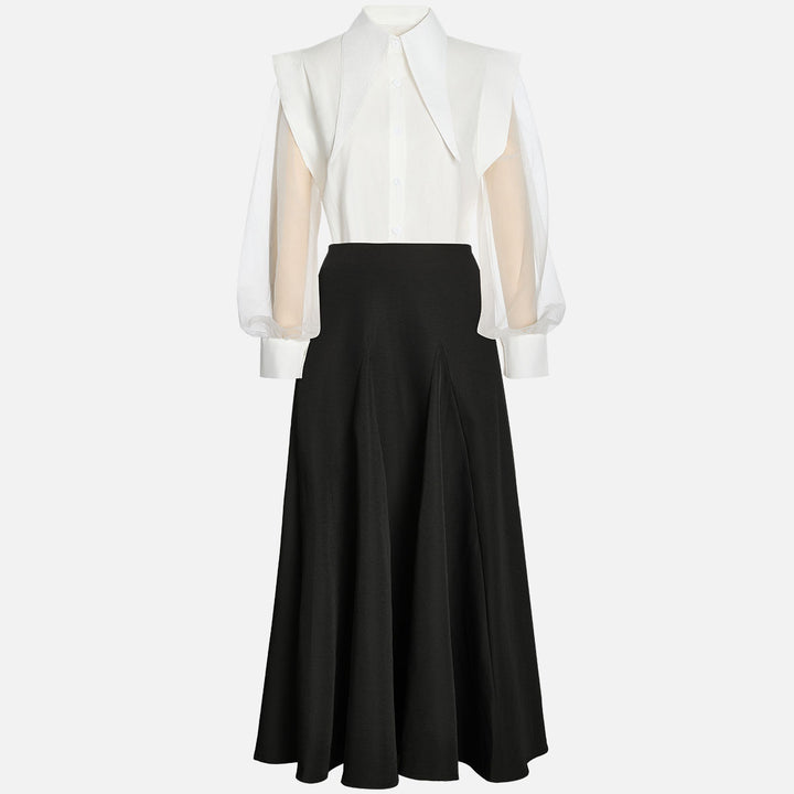 Black & White Oversized Shoulder Shirt & High-Waisted Maxi Skirt Set-Vyana Collective