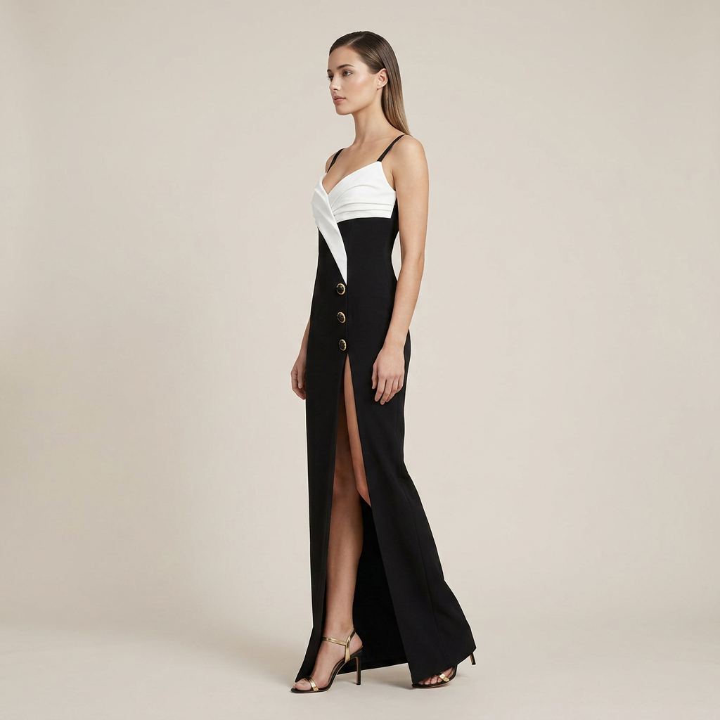 Black and White Color Block Sleeveless Slit Maxi Dress for Friday Night Vibes Women-Vyana Collective