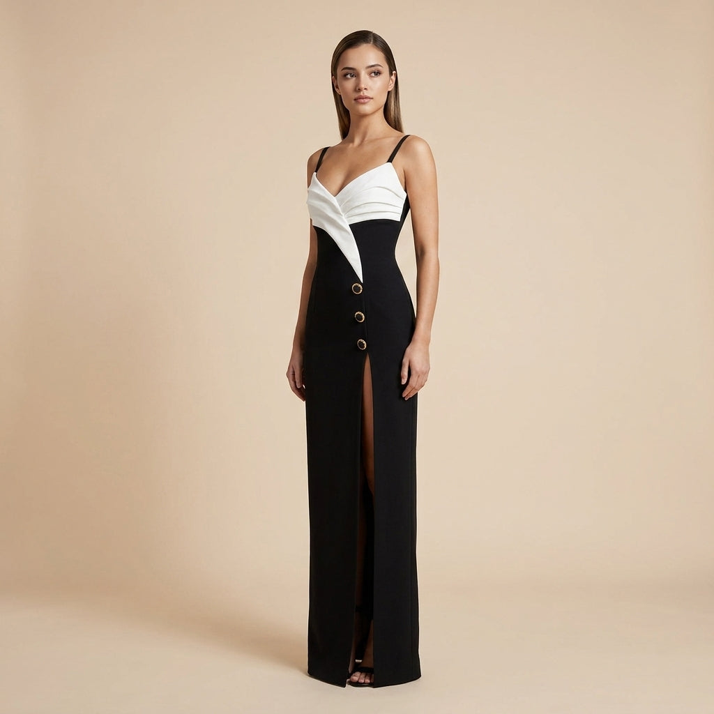 Black and White Color Block Sleeveless Slit Maxi Dress for Friday Night Vibes Women-Vyana Collective