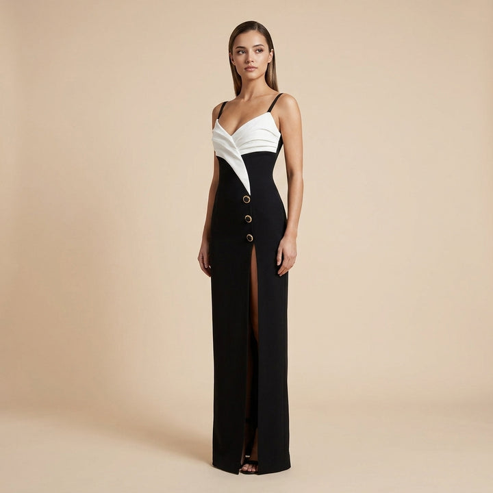 Black and White Color Block Sleeveless Slit Maxi Dress for Friday Night Vibes Women-Vyana Collective