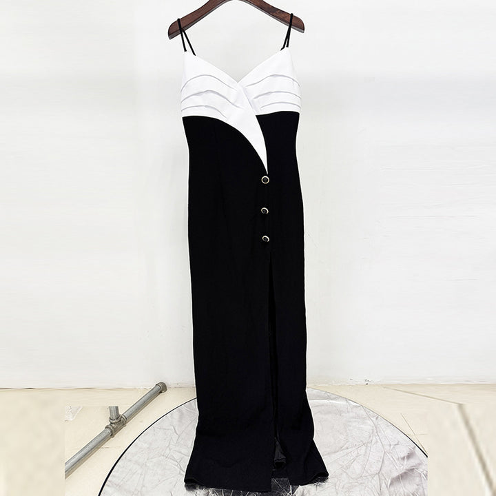 Black and White Color Block Sleeveless Slit Maxi Dress for Friday Night Vibes Women-Vyana Collective
