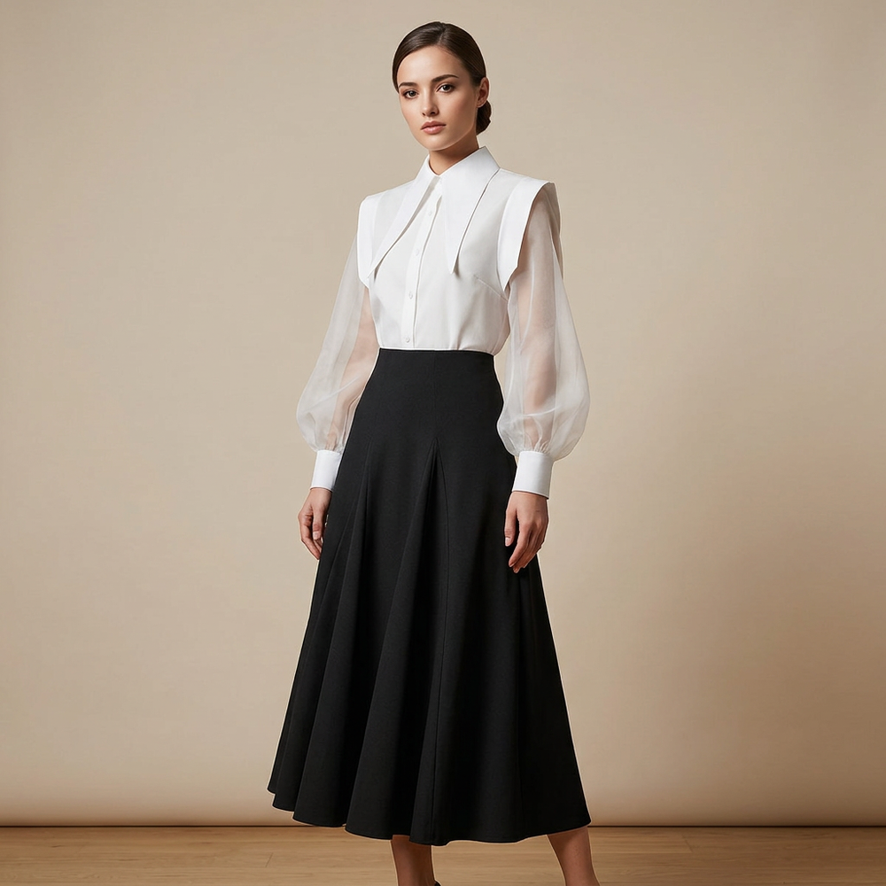 Black and White Shirt and High Waisted Maxi Skirt Set for Meetings Ready and Timeless Elegance Women-Vyana Collective