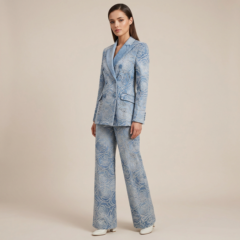 Blue Floral Jacquard Double Breasted Blazer and Wide Leg Pants Set for Executive Elegance Women-Vyana Collective